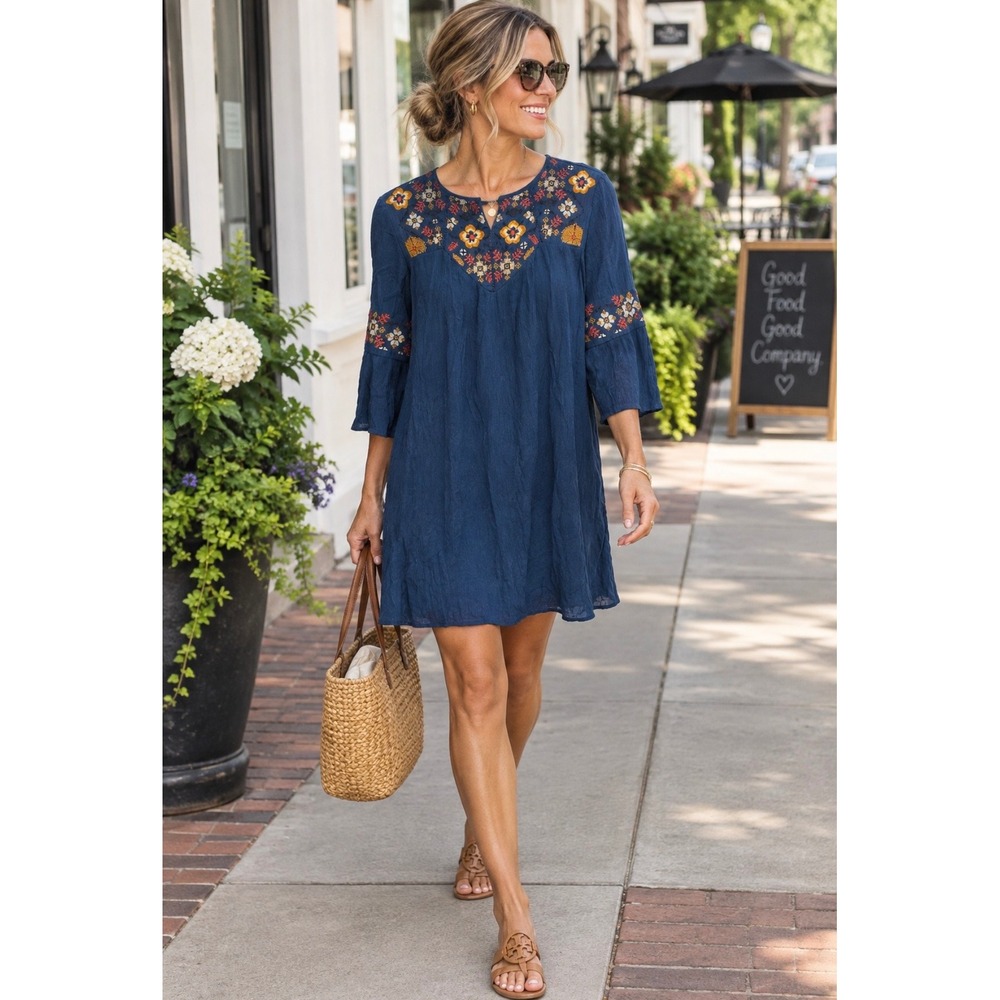 Blue Rain Embroidered Boho Shift Dress Navy Blue Bell Sleeve Large